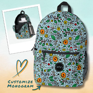 Monogram Bloempatroon oranje Swirl Berry op Blauwg Bedrukte Rugzak