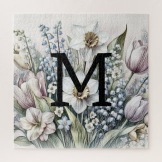 Monogram bloemtekening roze tulpen narcissen legpuzzel