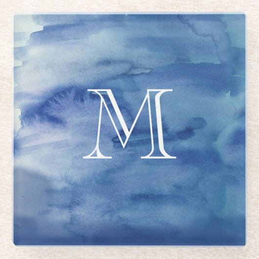 Monogram Blue Abstract Water Art Waterverf Glazen Onderzetter (Voorkant)
