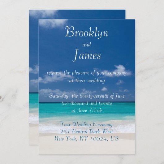 Monogram Blue Beach Wedding Invitations (Devant / Derrière)