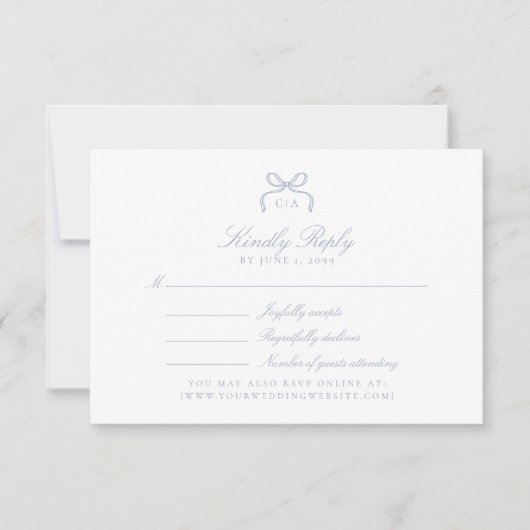 Monogram Blue Bow Wedding RSVP Card (Voorkant)