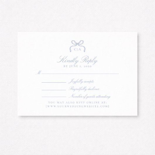 Monogram Blue Bow Wedding RSVP Card Kaartje