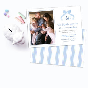 Monogram Blue Bow Welkom Baby Boy Foto Aankondiging