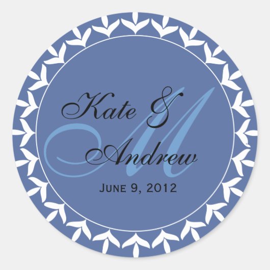 Monogram Blue bruiloft Ronde Sticker (Voorkant)
