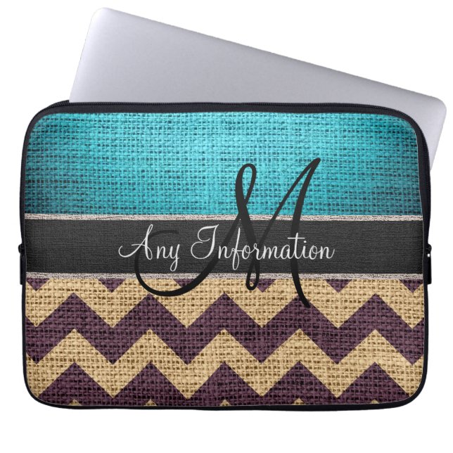 Monogram Blue Chevron Zigzag Burlap Jute Laptop Sleeve (Voorkant)