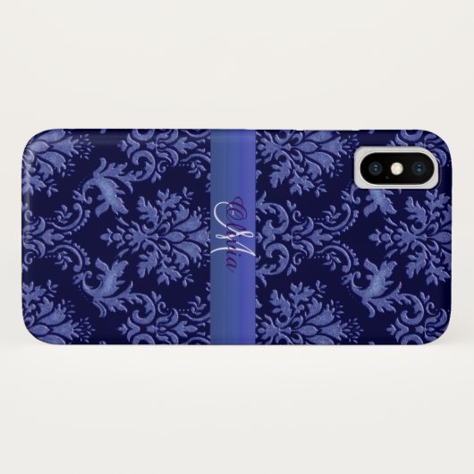 Monogram  Blue Damask iPhone Case (Achterkant (horizontaal))