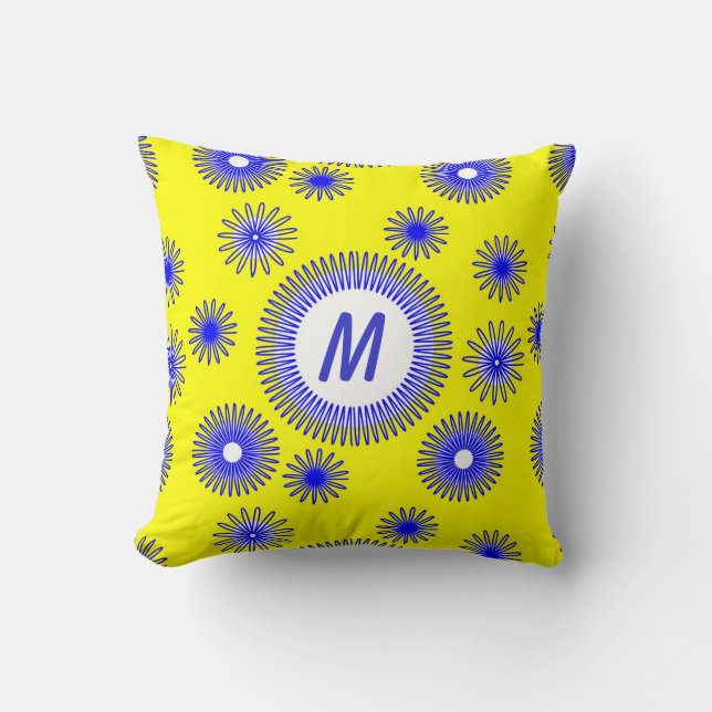 Monogram Blue Digital Flower Pattern Kussen (Voorkant)
