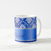 Monogram Blue en White Damask Koffiemok (Voorkant rechts)