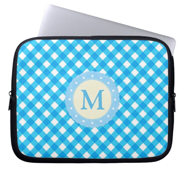 Monogram Blue en White Gingham Pattern Laptop Sleeve (Voorkant)