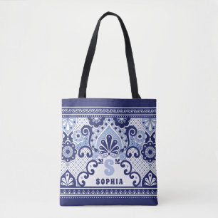 Monogram Blue en White Mexican Talavera Tegel Draagtas