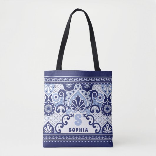 Monogram Blue en White Mexican Talavera Tegel Draagtas (Voorkant)
