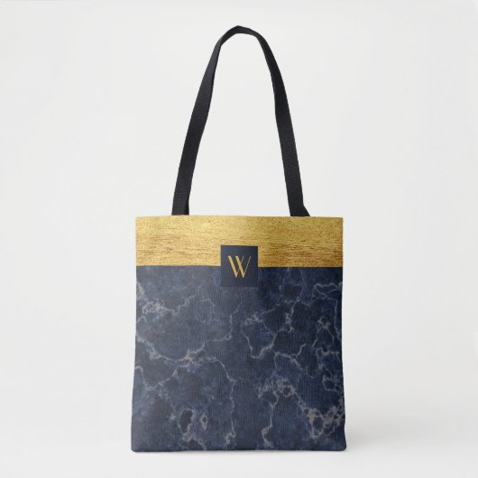 Monogram Blue Faux Marble & Gold Textern Pattern Draagtas (Voorkant)