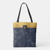 Monogram Blue Faux Marble & Gold Textern Pattern Draagtas (Achterkant)
