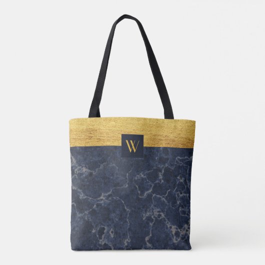 Monogram Blue Faux Marble & Gold Textern Pattern Draagtas (Achterkant)