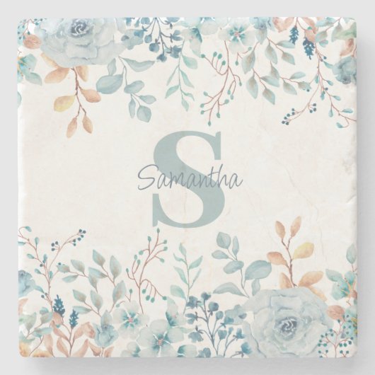 Monogram Blue Floral Botanical Stenen Onderzetter (Voorkant)