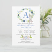 Monogram Blue Floral Greenery Baptism Boy Kaart (Staand voorkant)