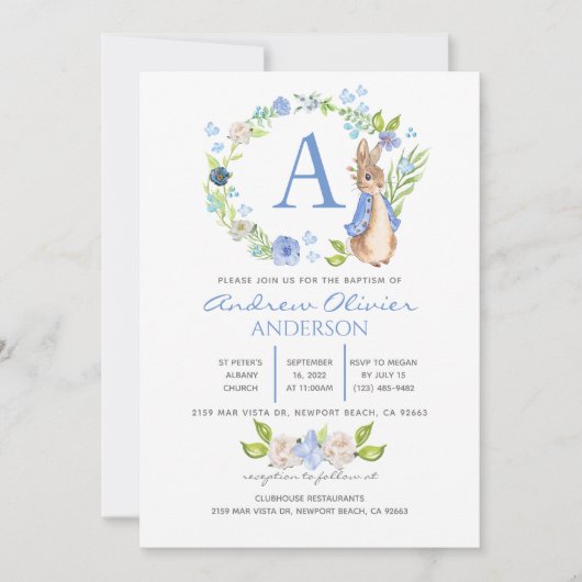 Monogram Blue Floral Peter Rabbit Baptism Boy Kaart (Voorkant)