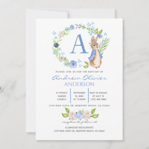 Monogram Blue Floral Peter Rabbit Baptism Boy Kaart