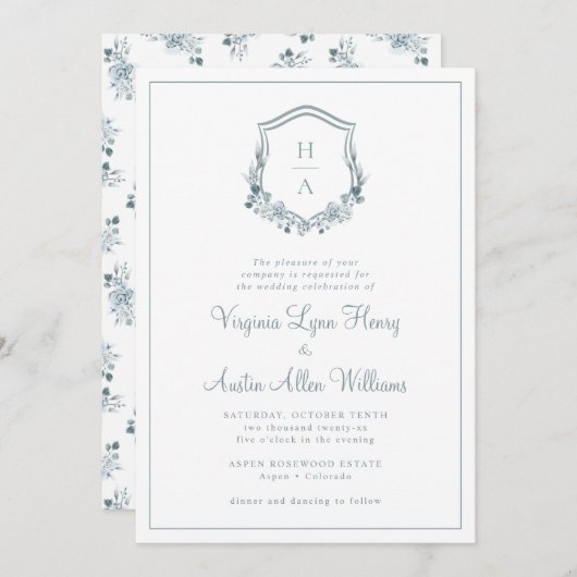 Monogram Blue Floral Wedding Kaart (Voorkant / Achterkant)