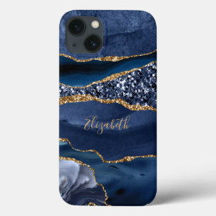 Monogram Blue Glitter Agate Marble Trendy iPhone 13 Hoesje