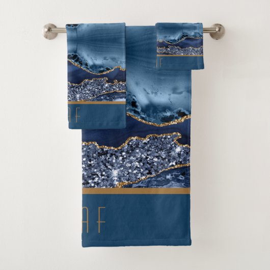 Monogram Blue Glitter Agate Pattern Trendy Bad Handdoek (Insitu)
