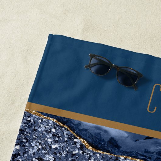 Monogram Blue Glitter Agate Pattern Trendy Strandlaken (In situ)