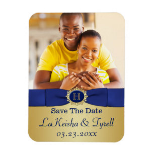Monogram Blue, Gold Enregistrer la date Magnet pho