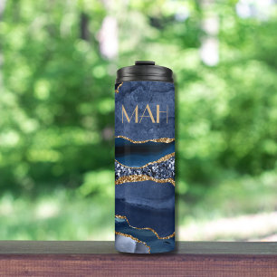 Monogram Blue Goud Glitter Agate Marmer Trendy Thermosbeker