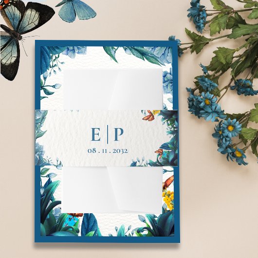 Monogram Blue Green Botanical Butterfly Wedding Uitnodigingen Wikkel