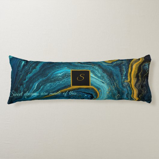 Monogram Blue Green Gold Abstracte marmer Lichaamskussen (Voorkant)