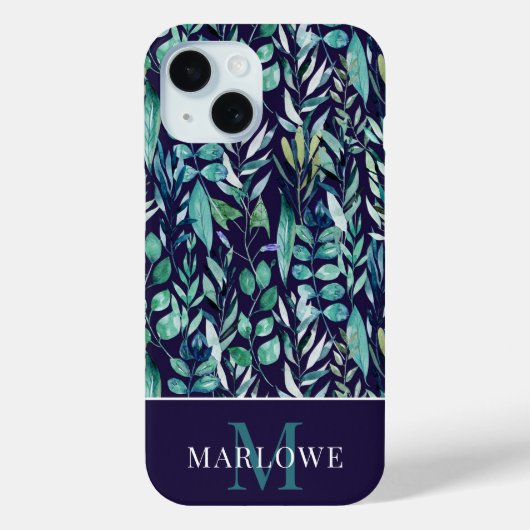 Monogram Blue Green Waterverf Botanisch Patroon Case-Mate iPhone Case (Achterkant)
