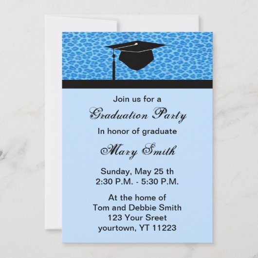 Monogram Blue Leopard Graduation Party Invitation Kaart (Voorkant)