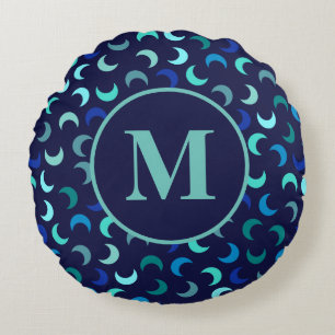 Monogram Blue New Moon Pattern Rond Kussen