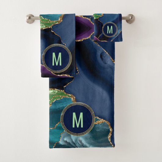 Monogram Blue Paars Green Agate Gold Glitter Bad Handdoek (Insitu)