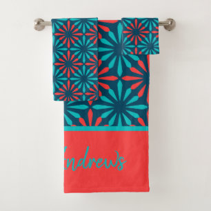 Monogram Blue Red Pattern Persoonlijke naam Bad Handdoek