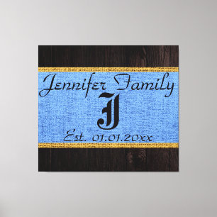 Monogram Blue Rustic Burlap Linen Wood Kijk uit Canvas Afdruk