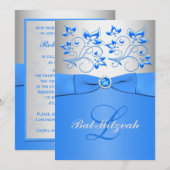 Monogram Blue Silver Floral Bat Mitzvah Uitnodigin Kaart (Voorkant / Achterkant)
