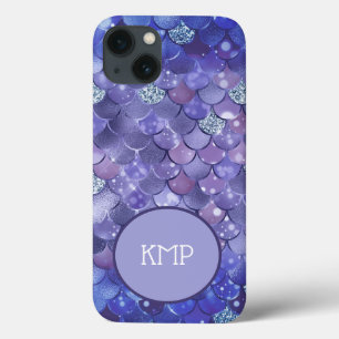Monogram Blue Silver Glitter Mermaid Scales iPhone 13 Hoesje