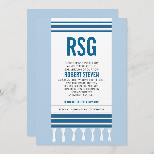 Monogram Blue Tallit Bar Mitzvah Kaart (Voorkant / Achterkant)