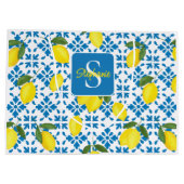 Monogram Blue Tile French Country Lemon Pattern  Groot Cadeauzakje (Achterkant)