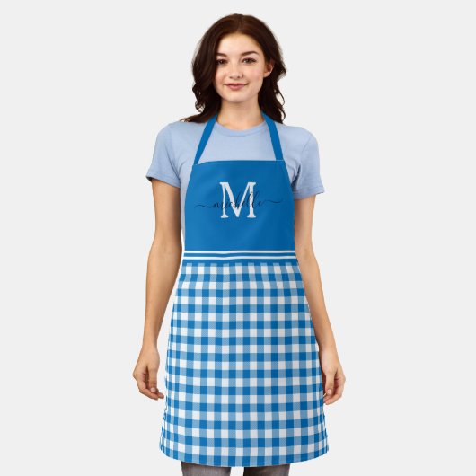 Monogram Blue White Gingham Navy Name Schort (Gedragen)