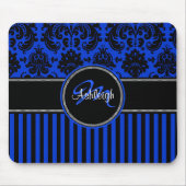 Monogram Blue White Stripe Damask Mousepad Muismat (Voorkant)