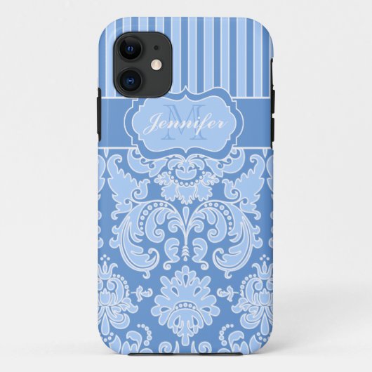 Monogram Blue, White Striped Damask iPhone 5 Case-Mate iPhone Case (Achterkant)