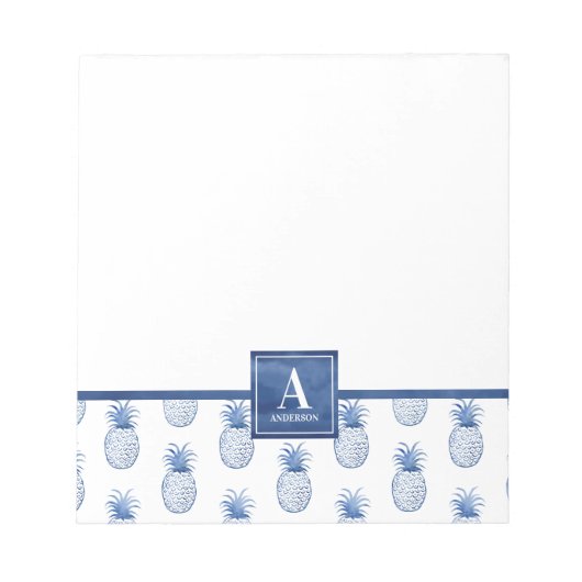 Monogram Blue White Waterverf Pineappel Notitieblok (Voorkant)