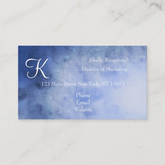 Monogram Blue White Waterverf Trendy Visitekaartje (Voorkant)