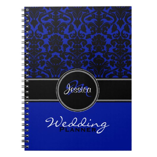 Monogram Blue White White Damask Wedding Planner Notitieboek (Voorkant)