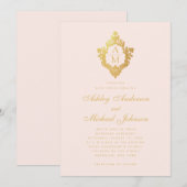 Monogram Blush Faux Goud Bloemen Crest Roze Bruilo Kaart (Voorkant / Achterkant)