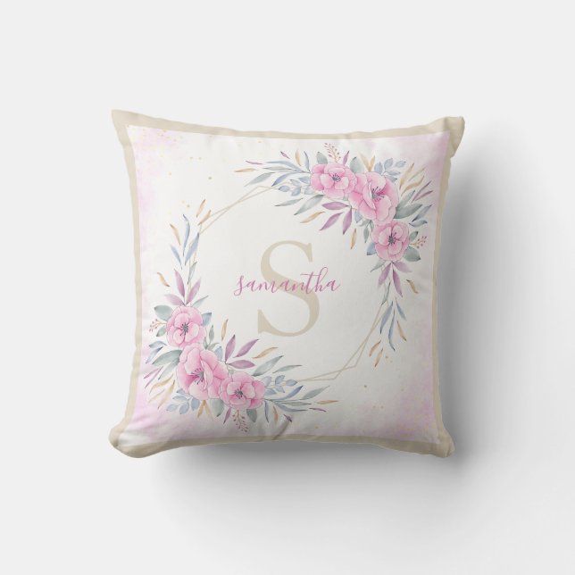 Monogram Blush Pink Floral Waterverf Elegant Kussen (Voorkant)