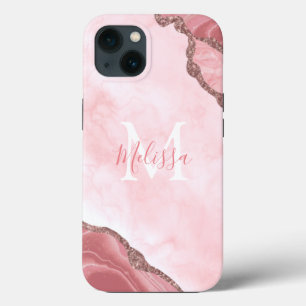 Monogram Blush Pink Geode Glitter Calligrafie iPhone 13 Hoesje