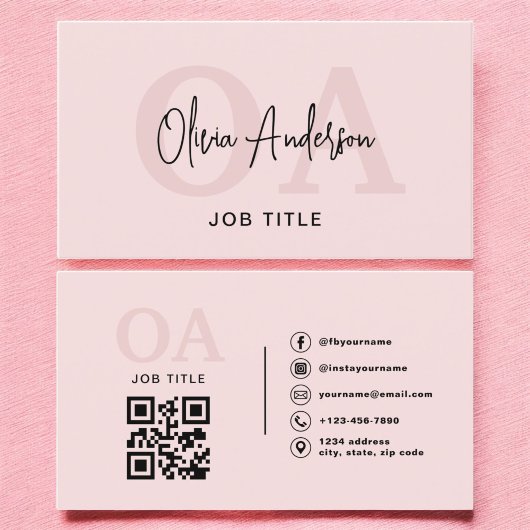 Monogram Blush Pink QR Code Modern Minimalist Visitekaartje